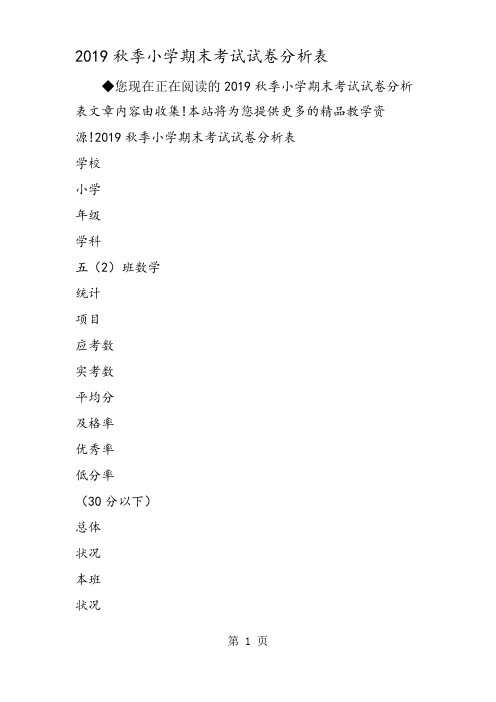 季小学期末考试试卷分析表
