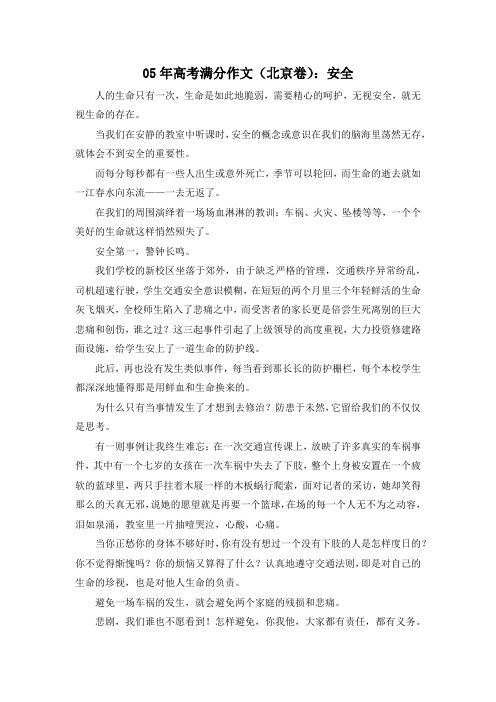 高考作文-05年高考满分作文(北京卷)安全 精品