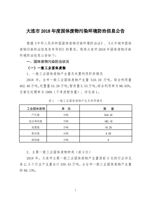 大连2018年度固体废物污染环境防治信息公告