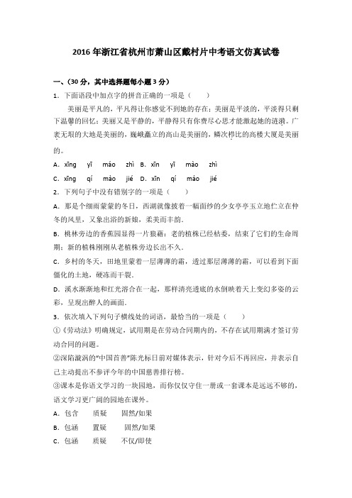 2016年浙江省杭州市萧山区戴村片中考语文仿真试卷(解析版)