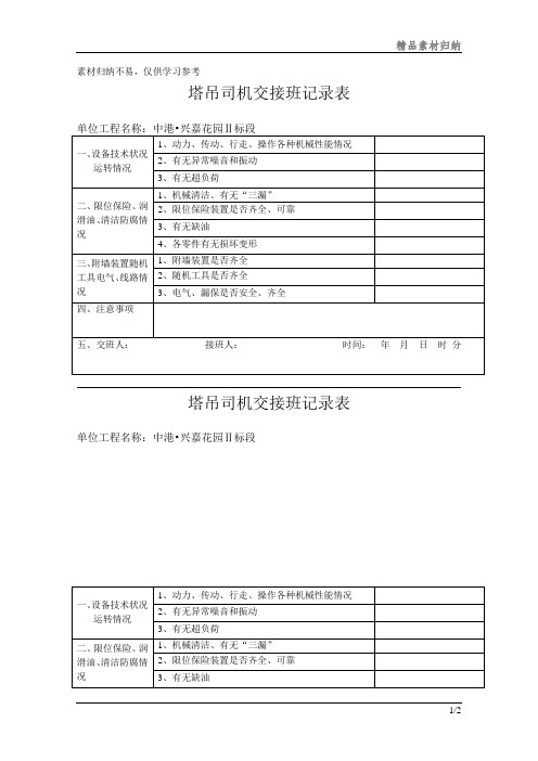 塔吊司机交接班记录表模板