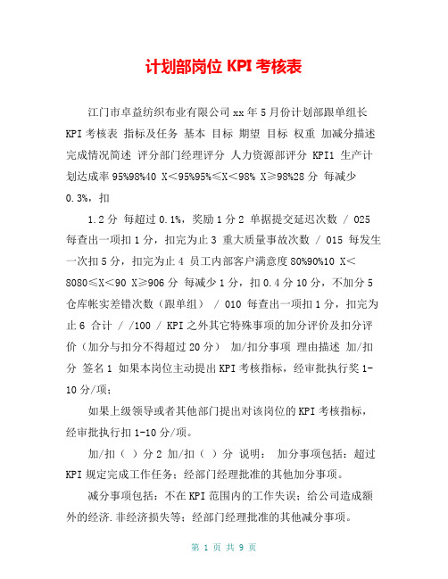 计划部岗位KPI考核表