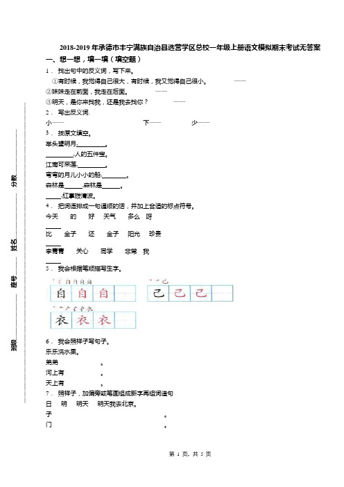 2018-2019年承德市丰宁满族自治县选营学区总校一年级上册语文模拟期末考试无答案