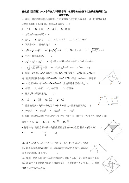 鲁教版(五四制)2019学年度八年级数学第二学期期末综合复习优生模拟测试题(含答案详解)