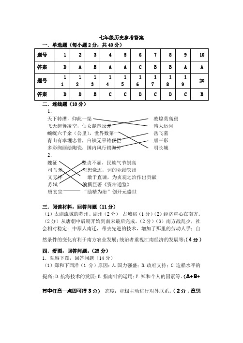 七年级历史参考答案