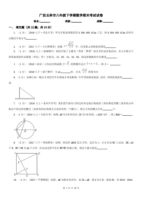 广西玉林市八年级下学期数学期末考试试卷