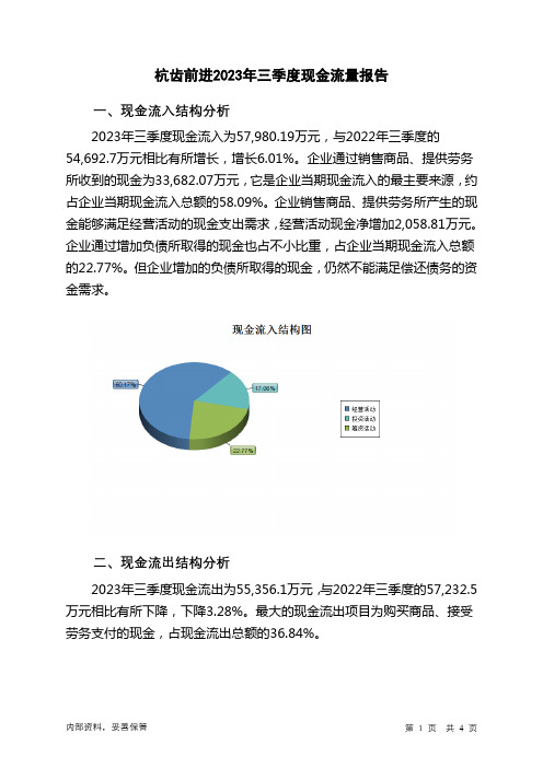 601177杭齿前进2023年三季度现金流量报告