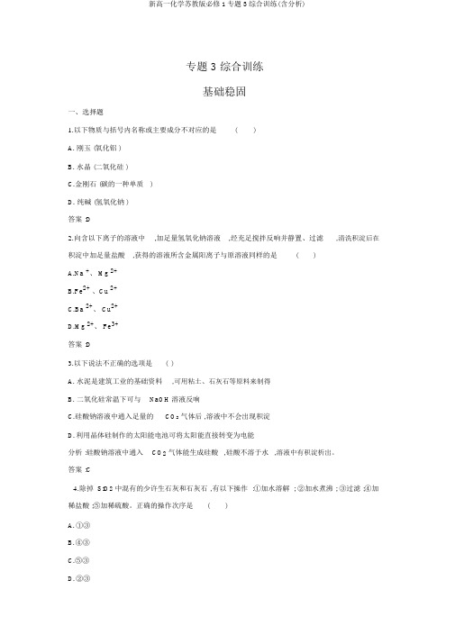 新高一化学苏教版必修1专题3综合训练(含解析)