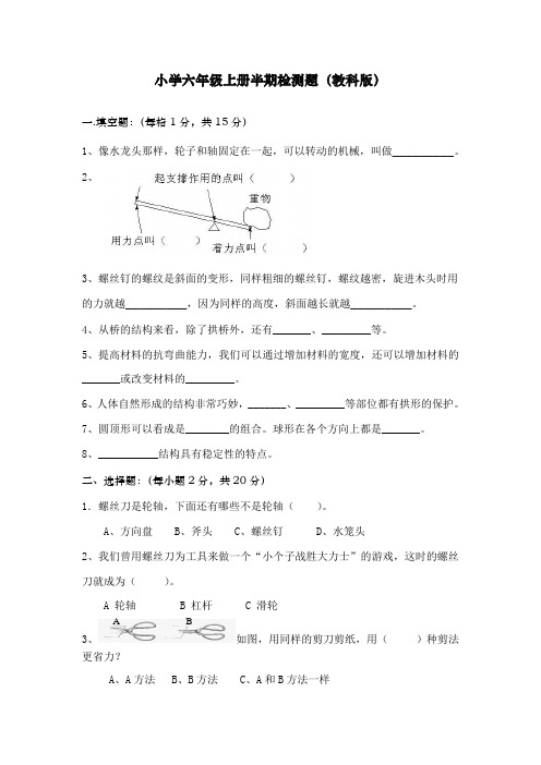 教科版六年级上册科学半期考试题