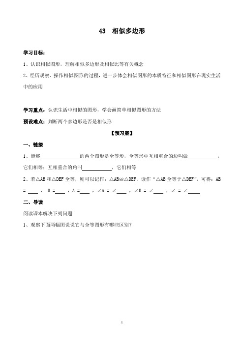 最新北师版初中数学九年级上册4.3 相似多边形导学案
