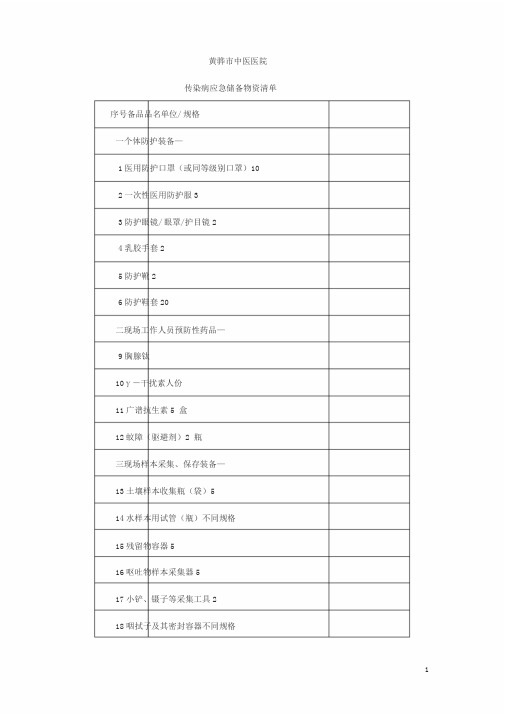 传染病应急储备物资清单