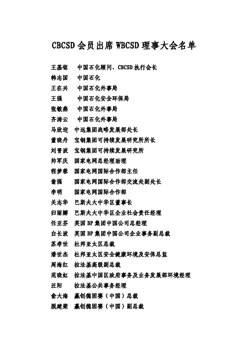 WBCSD上海会议中国会员企业代表名单
