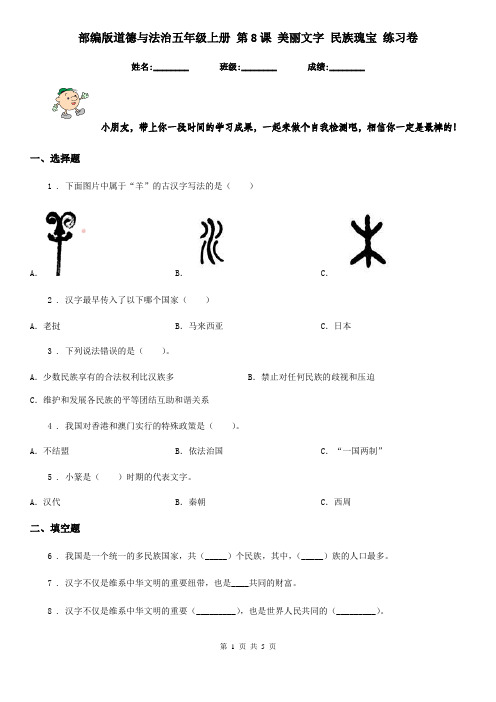 部编版 道德与法治五年级上册 第8课 美丽文字 民族瑰宝 练习卷
