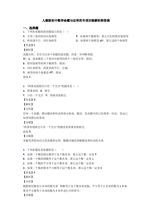 人教版初中数学命题与证明的专项训练解析附答案
