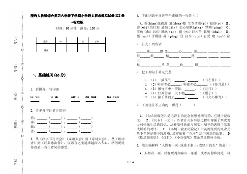 精选人教版综合复习六年级下学期小学语文期末模拟试卷III卷-标准版