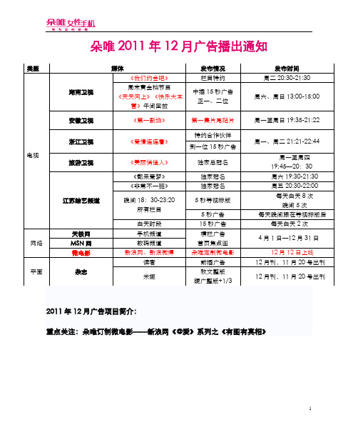 (朵唯广告)2011年12月广告播出通知