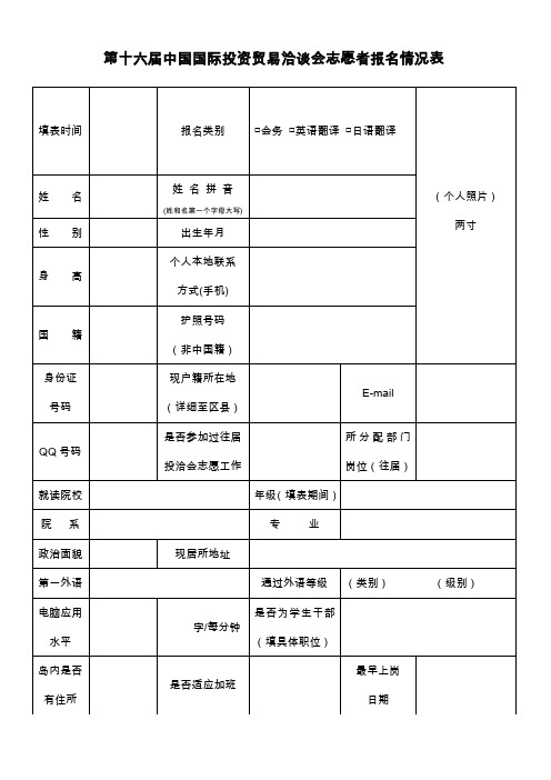 第十六届中国国际投资贸易洽谈会志愿者报名情况表