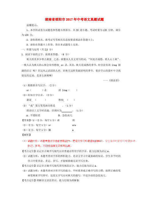 湖南省邵阳市2017年中考语文真题试题含解析