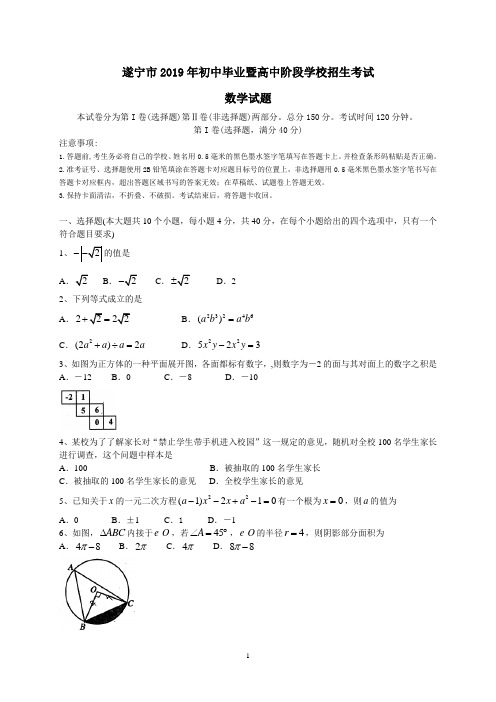 四川省遂宁市2019年初中毕业暨高中阶段学校招生考试数学试题