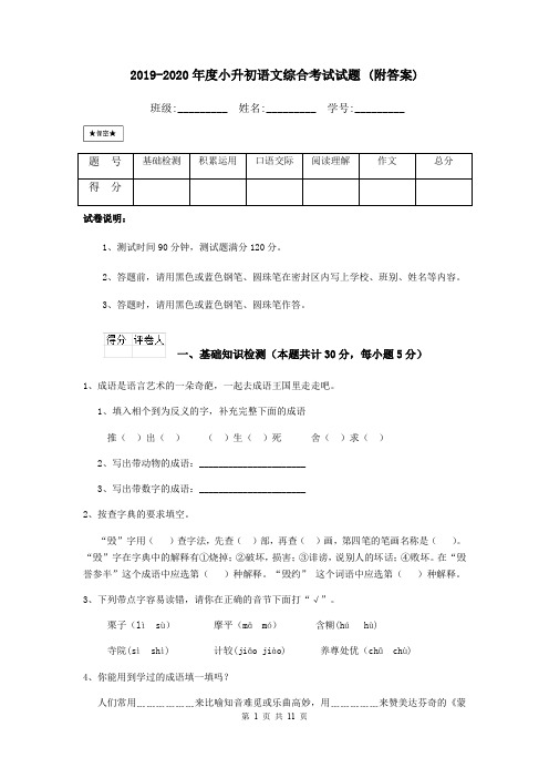 2019-2020年度小升初语文综合考试试题 (附答案)