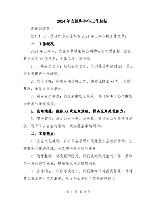 2024年安监科半年工作总结