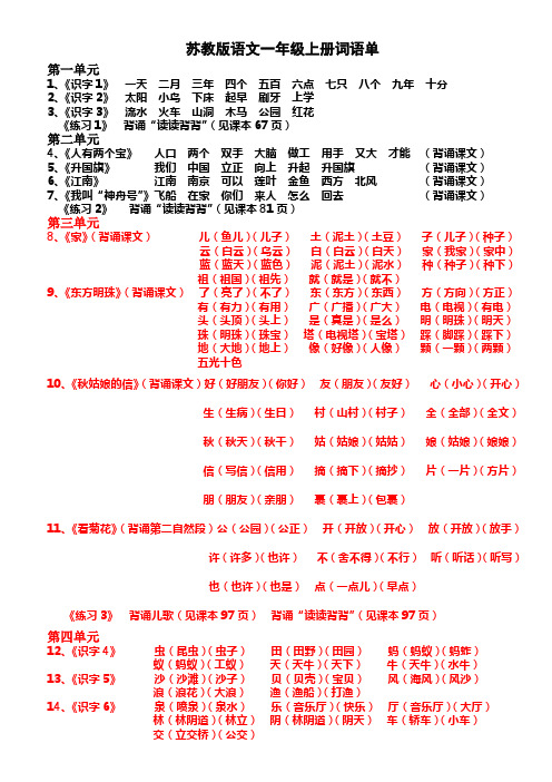 苏教版语文一年级上册词语单