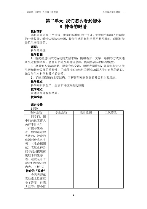 青岛版科学五年级下册9 神奇的眼睛教案