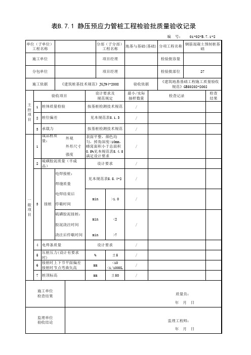 表B.7.1 静压预应力管桩工程检验批质量验收记录