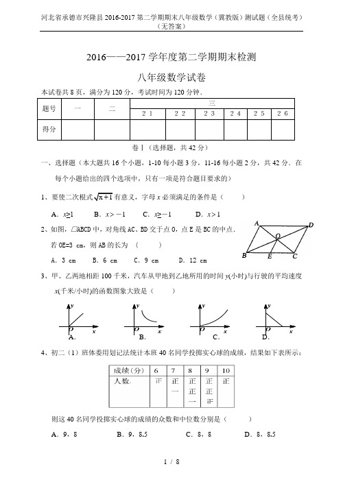 河北省承德市兴隆县2016-2017第二学期期末八年级数学(冀教版)测试题(全县统考)(无答案)