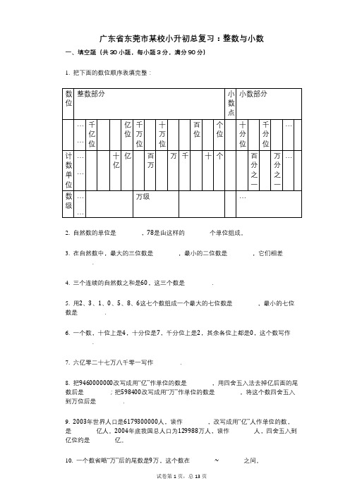 小学数学-有答案-广东省东莞市某校小升初总复习：整数与小数