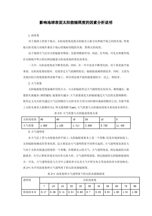 影响地球表面太阳能辐照度的因素分析说明