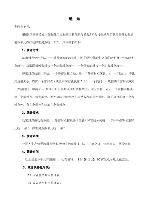 一期设备动静密封点统计通知