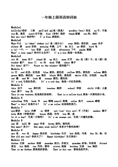 外研社小学一年级上册英语单词表