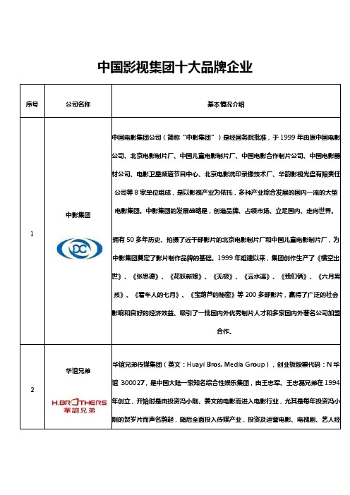 中国影视集团十大品牌企业