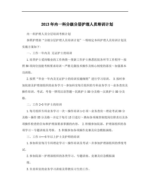 2013年内一科分级分层护理人员培训计划