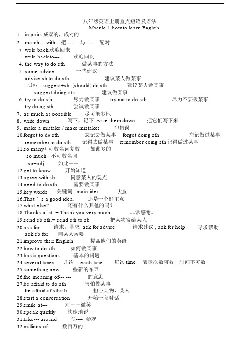 外研版八年级的英语上册module1-6重点短语及语法.doc