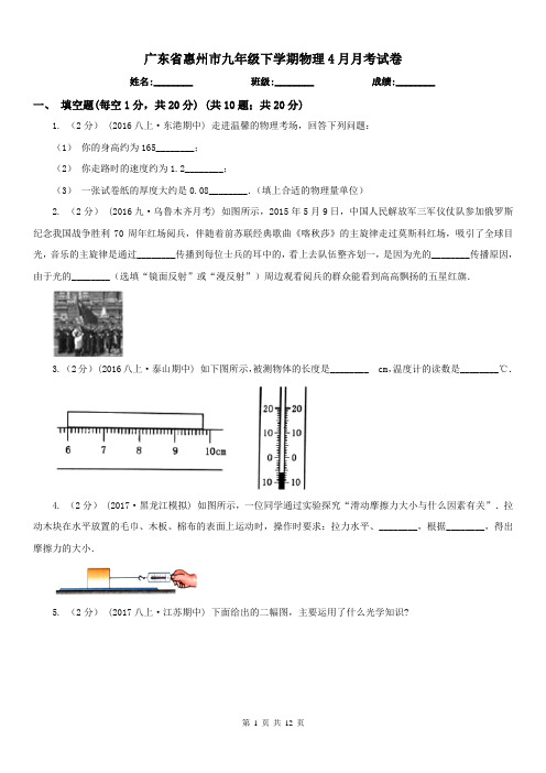 广东省惠州市九年级下学期物理4月月考试卷