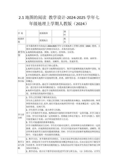 2.1地图的阅读教学设计-2024-2025学年七年级地理上学期人教版(2024)