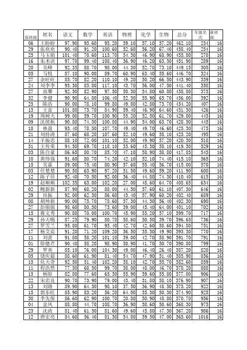 颍上一中  2010年高一学生成绩