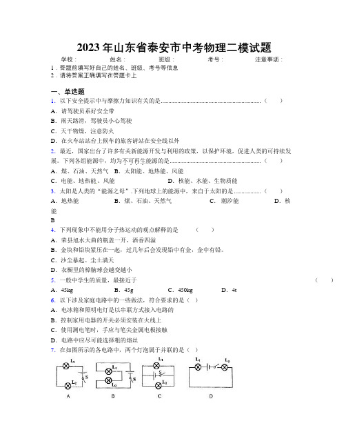 2023年山东省泰安市中考物理二模试题及解析