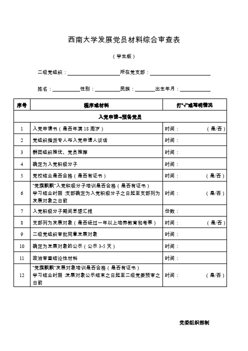 西南大学发展党员材料综合审查表