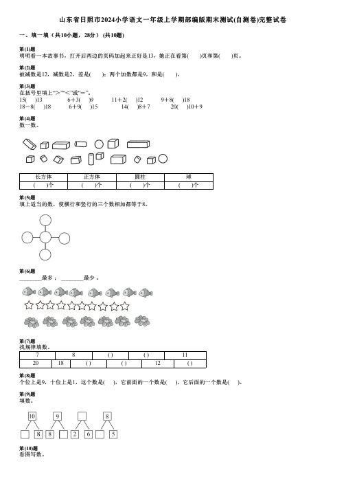 山东省日照市2024小学数学一年级上学期部编版期末测试(自测卷)完整试卷