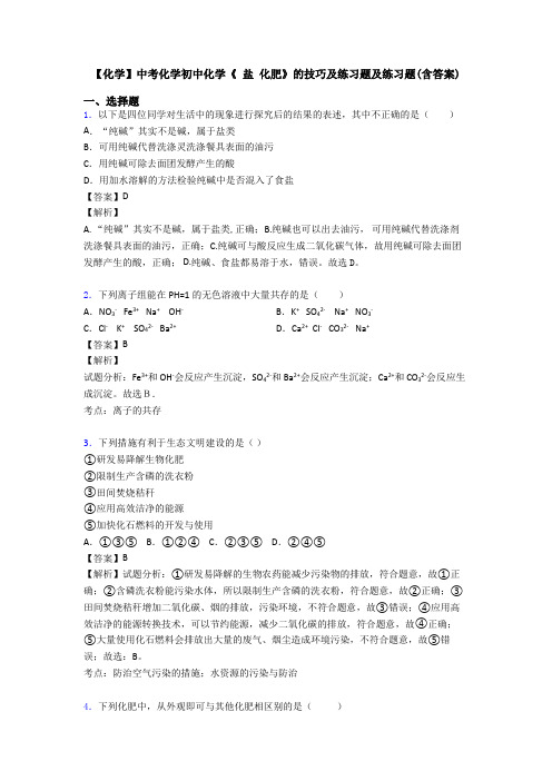 【化学】中考化学初中化学《 盐 化肥》的技巧及练习题及练习题(含答案)