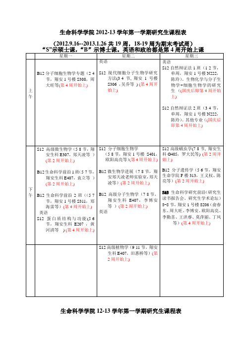 生命科学学院20113学年第一学期研究生课程表