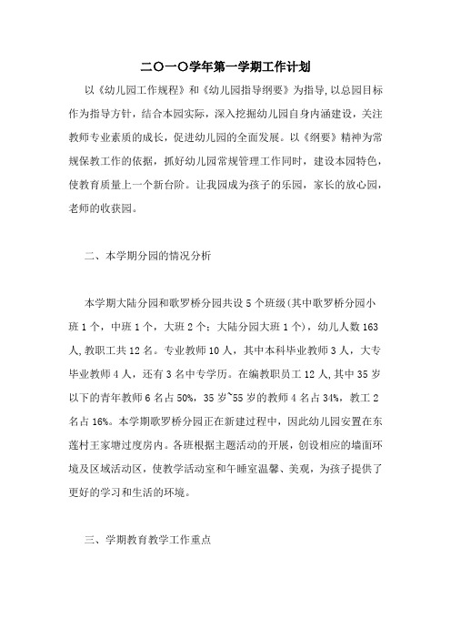 2020年二〇一〇学年第一学期工作计划