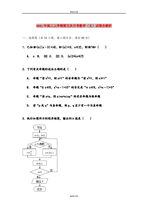 2021年高三上学期第五次月考数学(文)试卷含解析