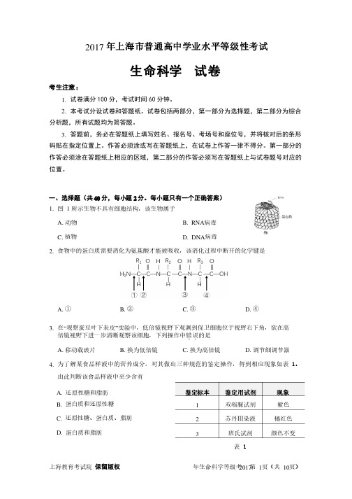 2017年上海生命科学学业水平等级性考试（重绘+答案）