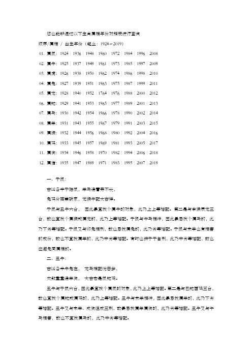 生肖属相年份对照表