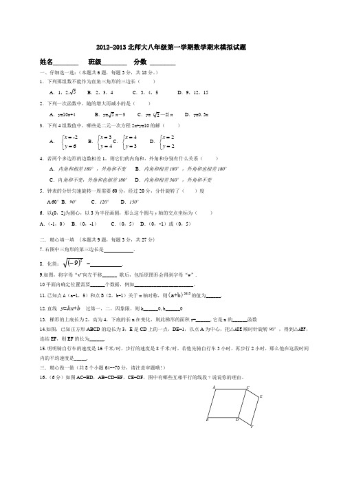 北师大版八年级数学上册第一学期期末评估试题试卷