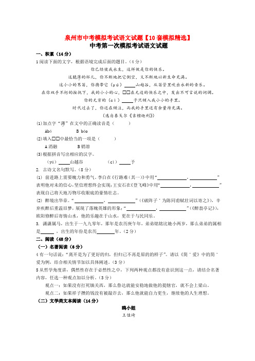 泉州市中考模拟考试语文试题【10套模拟精选】